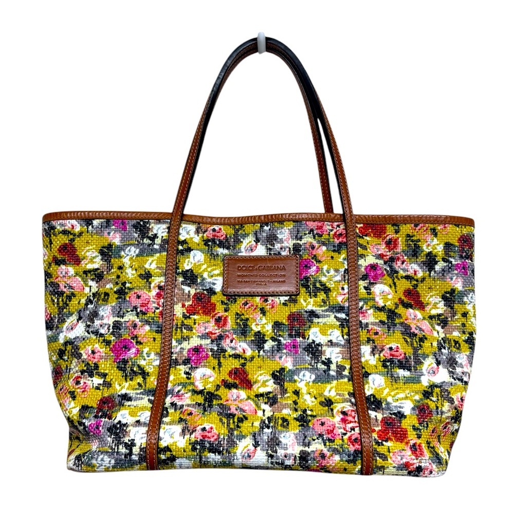 Dolce & Gabbana woven floral lined tote bag leather trim handles authentic EUC